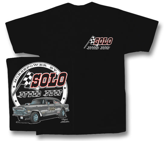 Solo Speed Shop 55 Chevy Gasser Mens Black T shirt Drag Racing Hot Rods