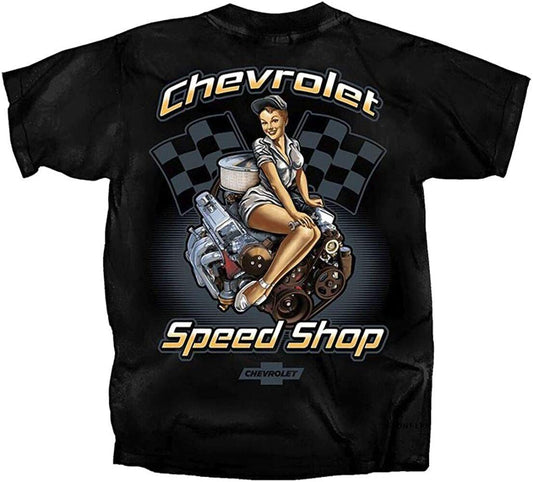 Vintage style Pin up/Chevrolet Speed Shop  Mens Black T shirt(Joe Blow t's) Licensed