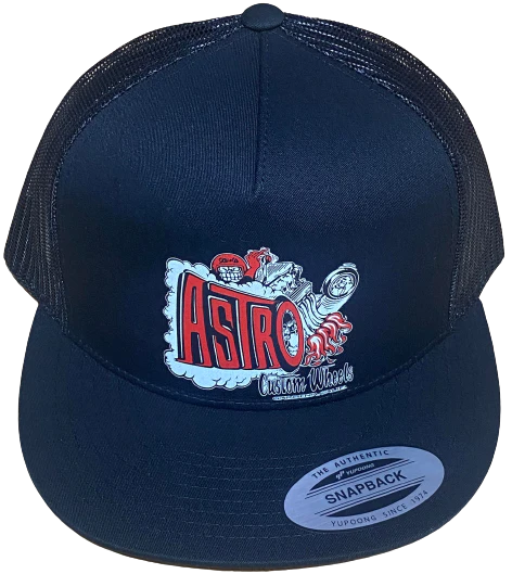 ASTRO Custom Wheels Black Flat Brim Trucker Hat Hot Rods Drag Racing