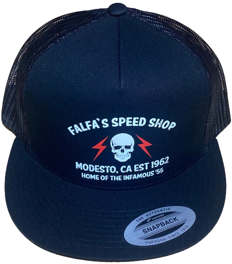 FALFA SPEED SHOP/American Graffiti Flat Bill Truckers Hat Black Hot Rods Drag Racing