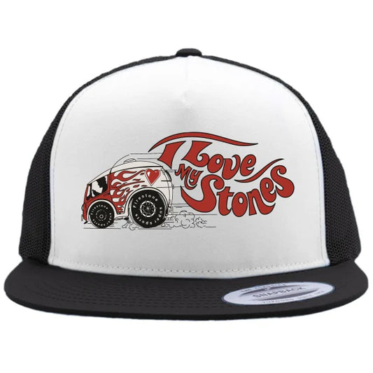 I Love My Stones Firestone Flat Brim Truckers Hat Mesh Snap back Hot Rods Drag Racing