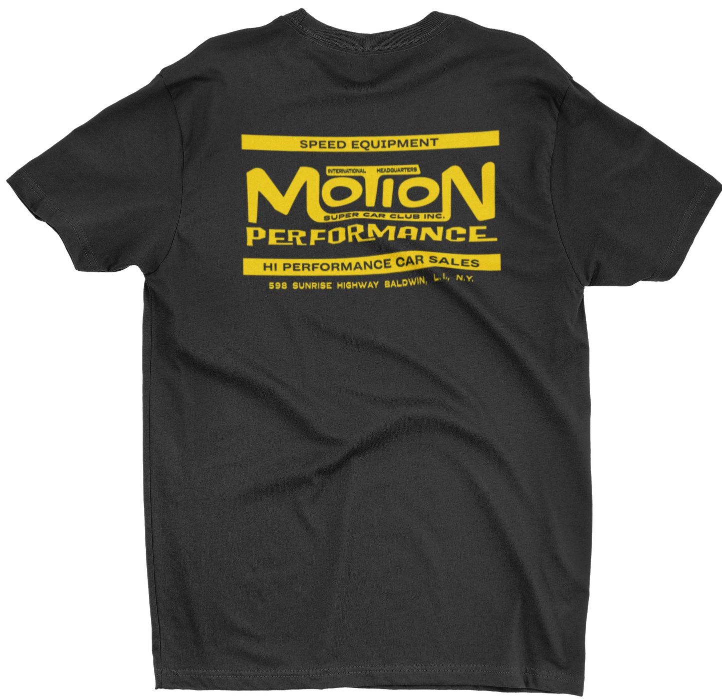 Motion Performance SuperCar Club Baldwin New York Mens T shirt Chevy Camaro Nova Drag Racing Hot Rods
